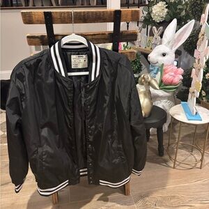 Women's Black Bomber Jacket with White Stripes on edges - Size Large NWOT
